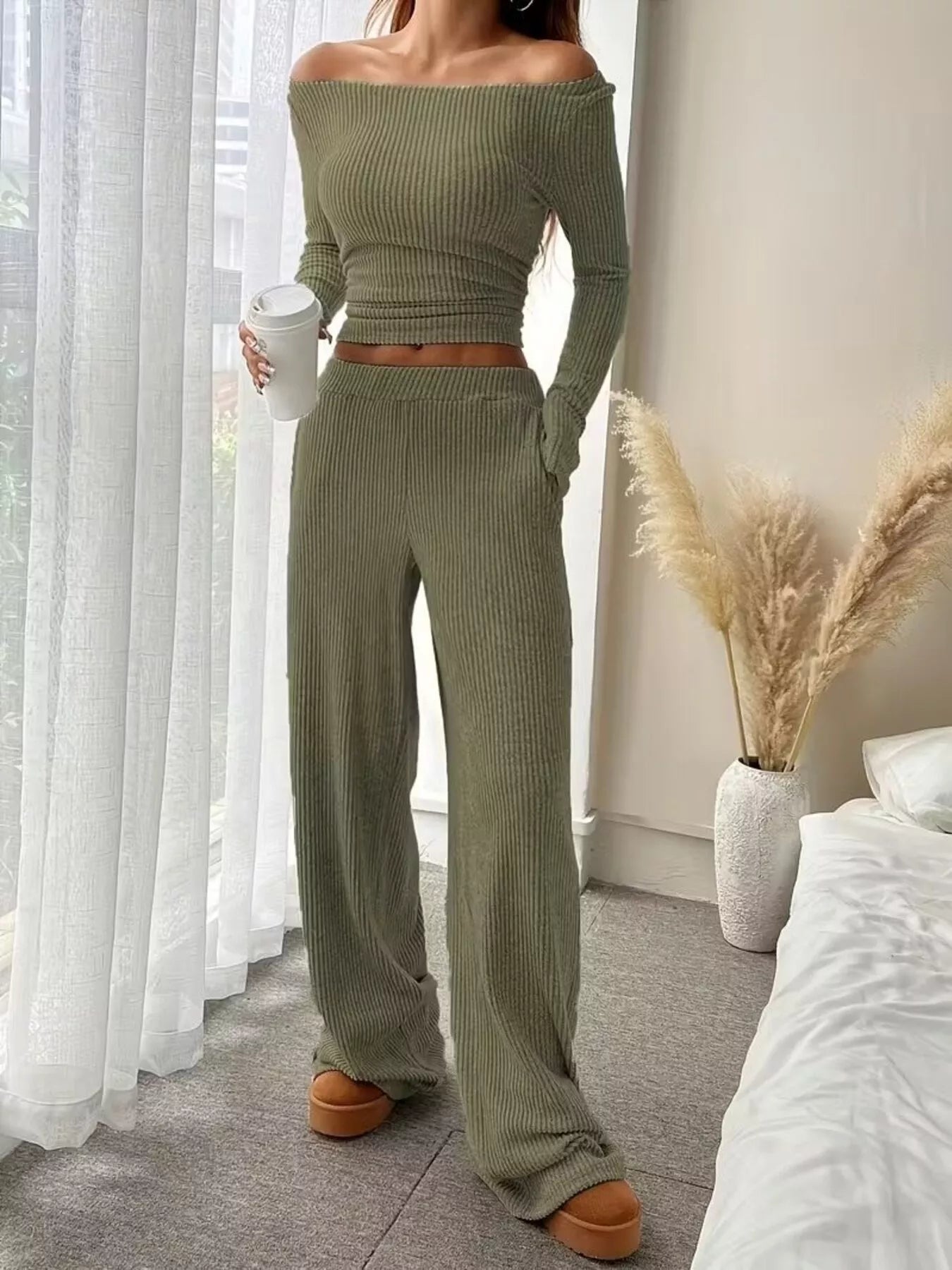 Sarah Express Women's Ribbed Knit Boat Neck Top and Pants Set Army Green