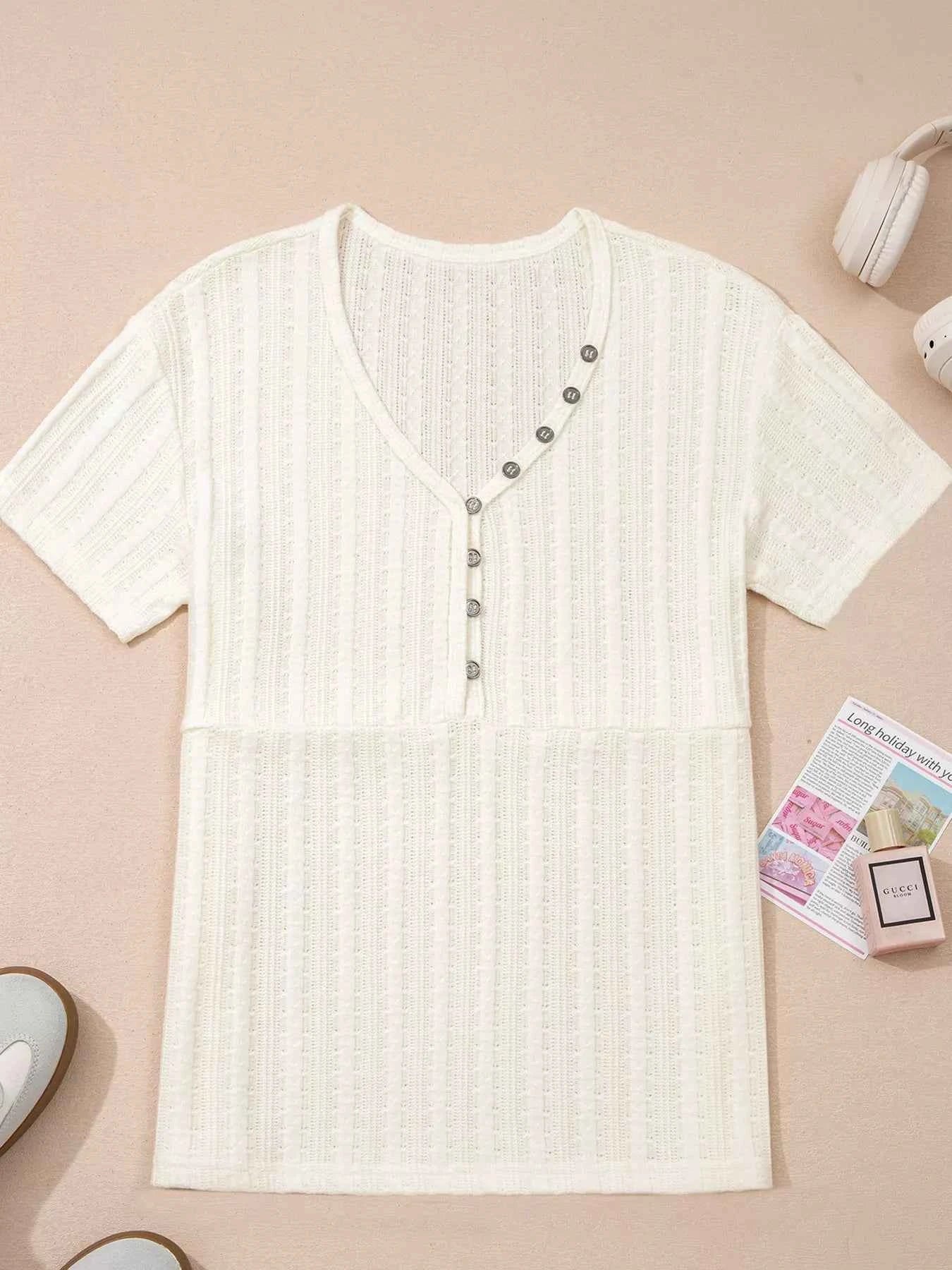 Sarah Express Women's Textured Button V-Neck Henley Tee - Casual Short Sleeve Top