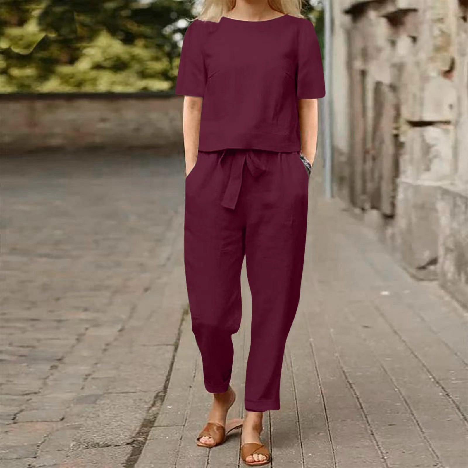 Sarah Express Women's Cotton Linen Top and Wide-Leg Pants Two-Piece Casual Set