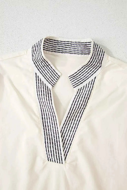 Sarah Express Women's Embroidered Floral Sleeve Blouse - Notched Collar Cotton Top