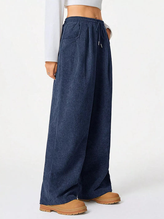 Sarah Express Women's Casual Corduroy Wide Leg Pants Blue