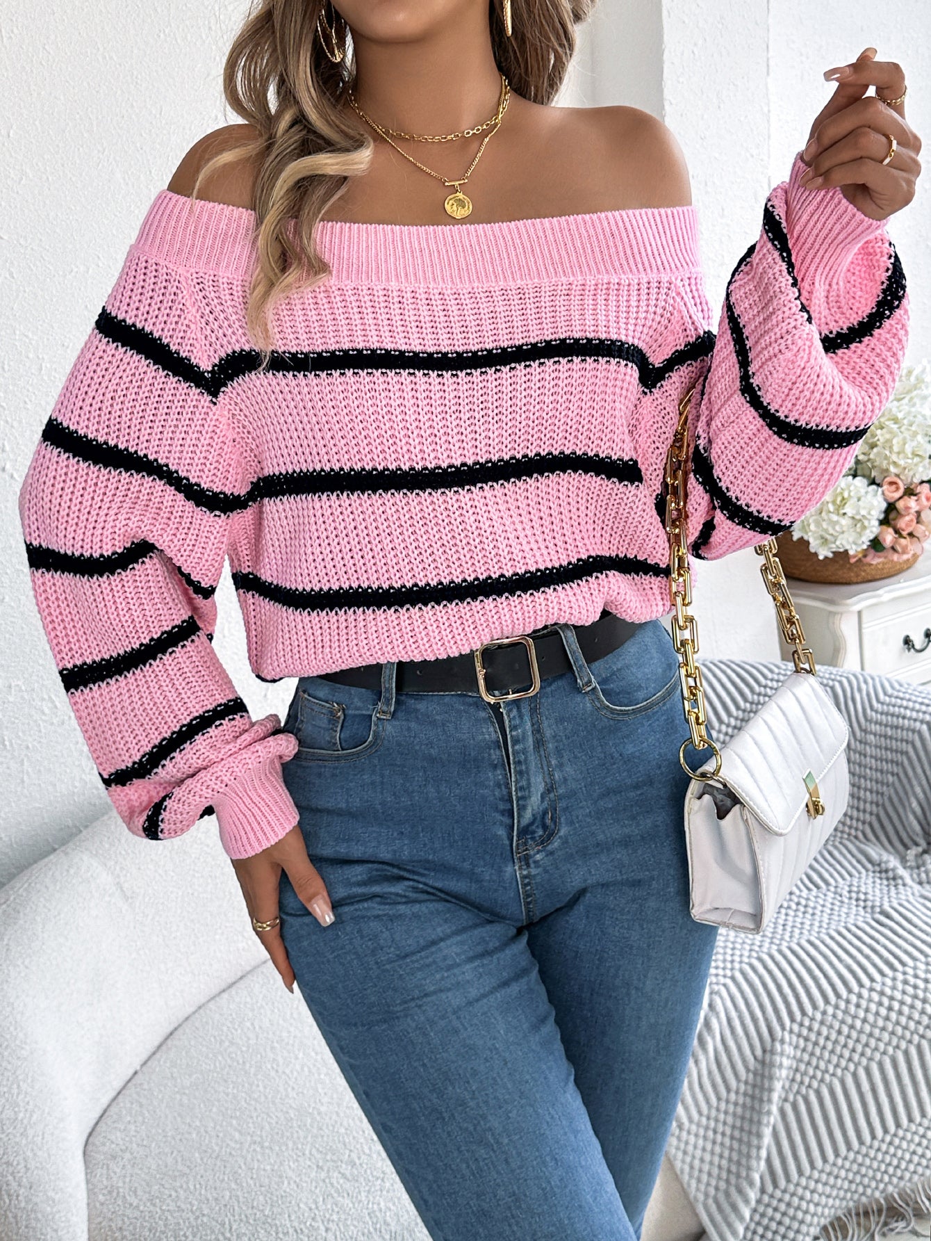 Sarah Express Women's Striped Off-Shoulder Lantern Sleeve Pullover Sweater