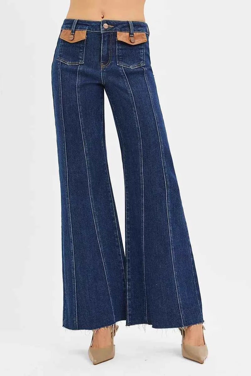 Sarah Express Women's High Rise Wide Flare Jeans with Leather Pocket Detail - Premium Denim DARK