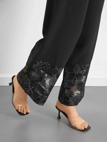 Sarah Express Women's Floral Lace Hem Wide Leg Pants