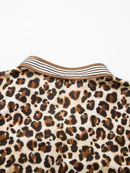 Sarah Express Women's Leopard Print Striped Patchwork 3/4 Sleeve Loose Mini Dress