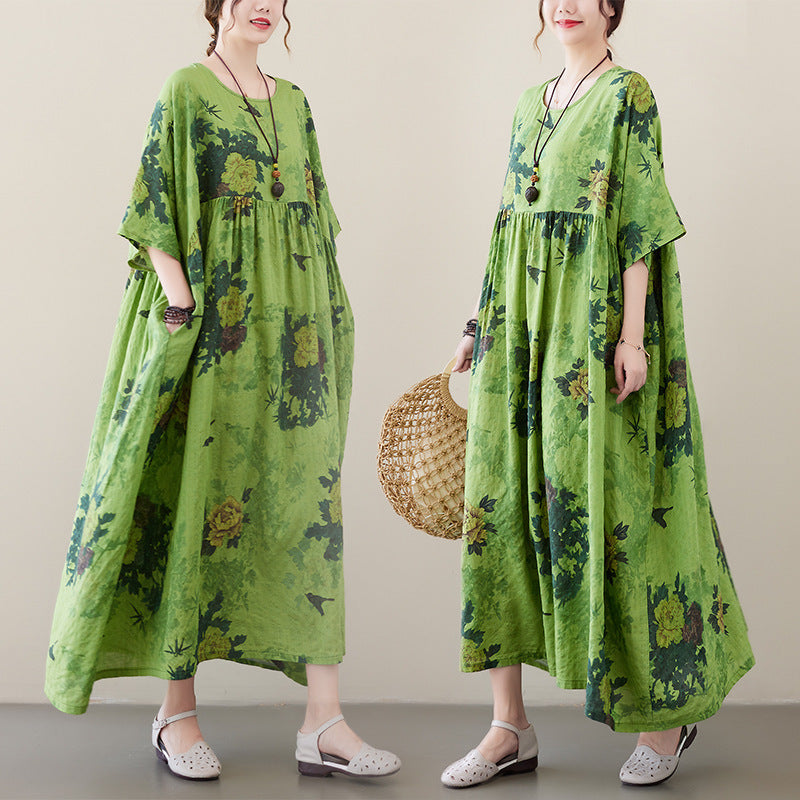 Sarah Express Renaissance Cotton Blend Maxi Dress Short Sleeve Round Neck Swing Silhouette