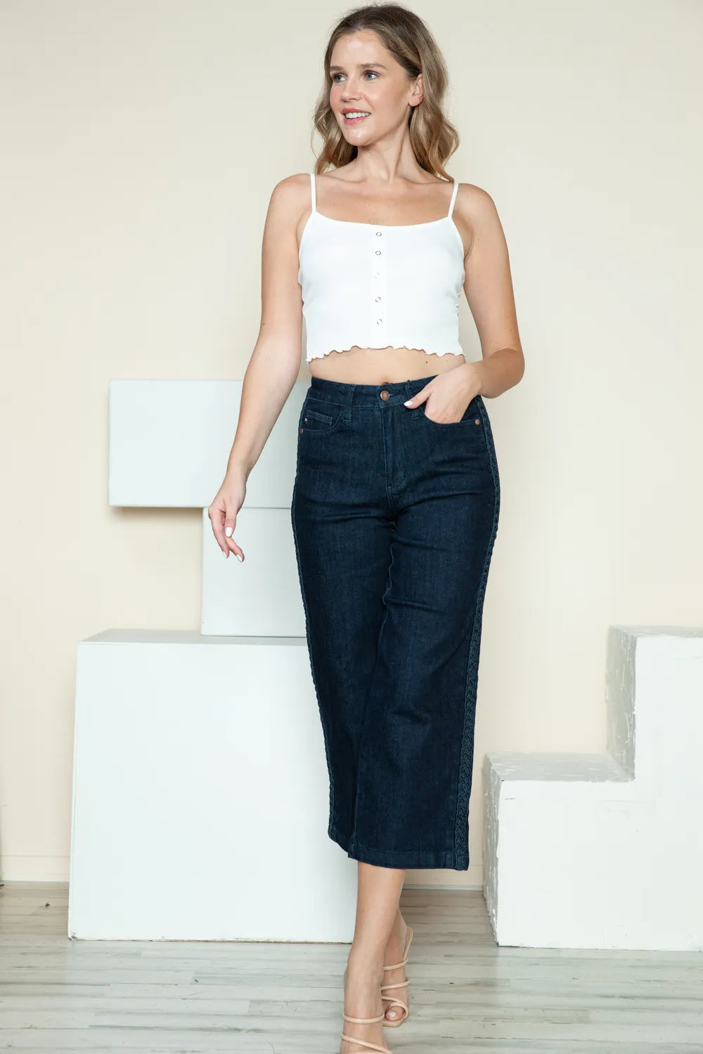 Sarah Express Women’s Plus Size High Rise Crop Wide Leg Jeans with Braid Detail
