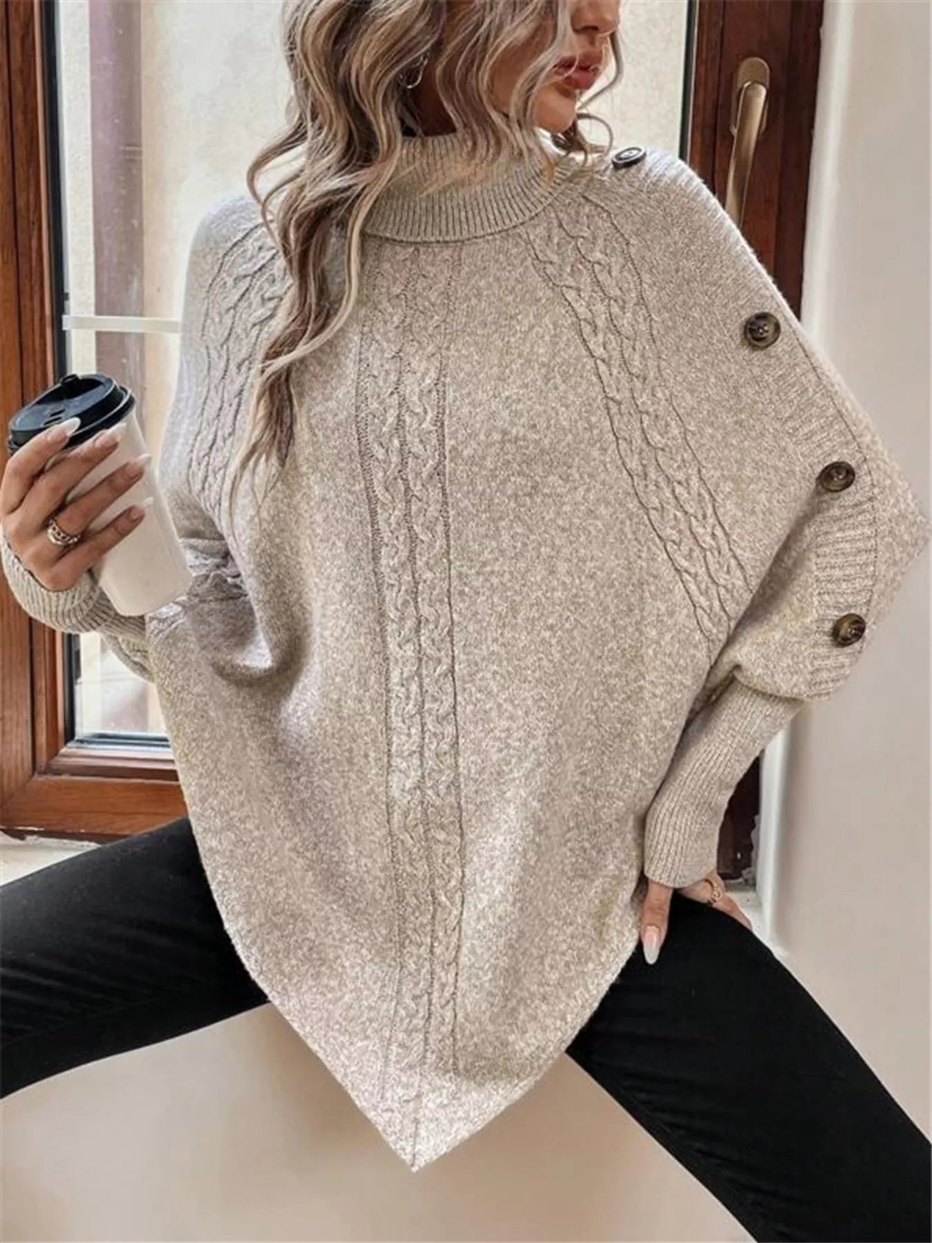 Sarah Express Women's Cable Knit Turtleneck Cape Sweater