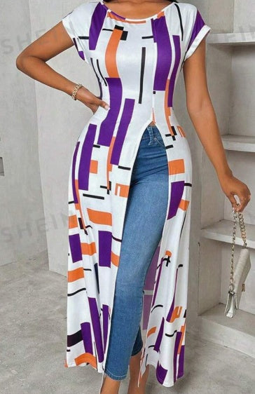 Sarah Express Women's Geometric Print Maxi T-Shirt Dress High Slit Short Sleeve Summer