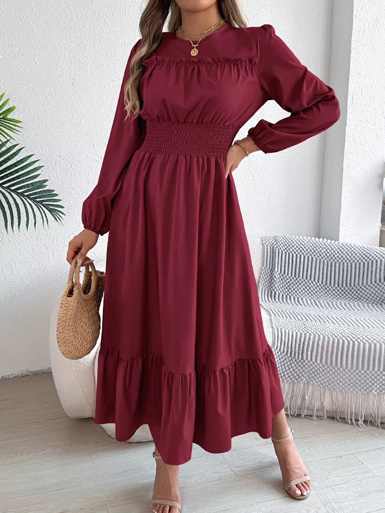 Sarah Express Women's Round Neck Balloon Sleeve Tiered Dress Burgundy