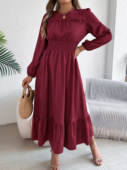 Sarah Express Women's Round Neck Balloon Sleeve Tiered Dress Burgundy
