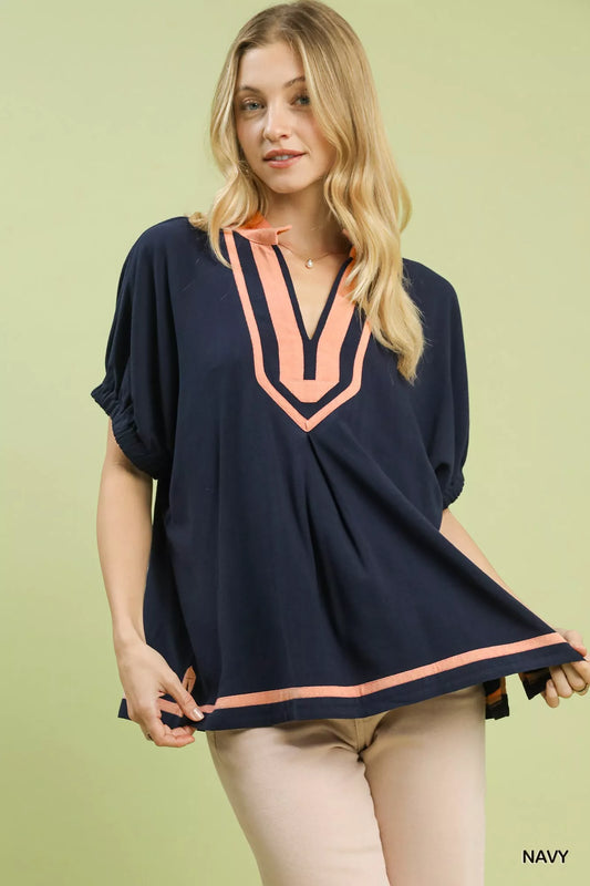 Sarah Express Women's Linen V-Neck Blouse with Contrast Trim - Short Sleeve Summer Top NAVY