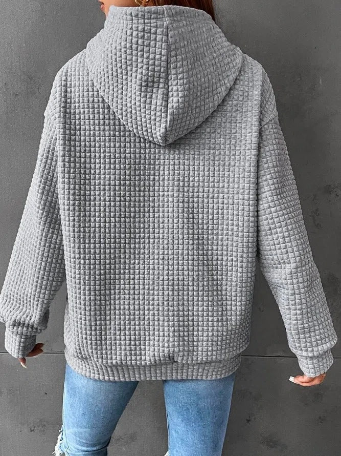 Sarah Express Women's Solid Color Hoodie Long Sleeve Plaid Pocket Pullover Sweatshirt Casual