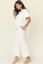 Sarah Express Women’s Plus Size Textured Half Zip Top and Pants Set
