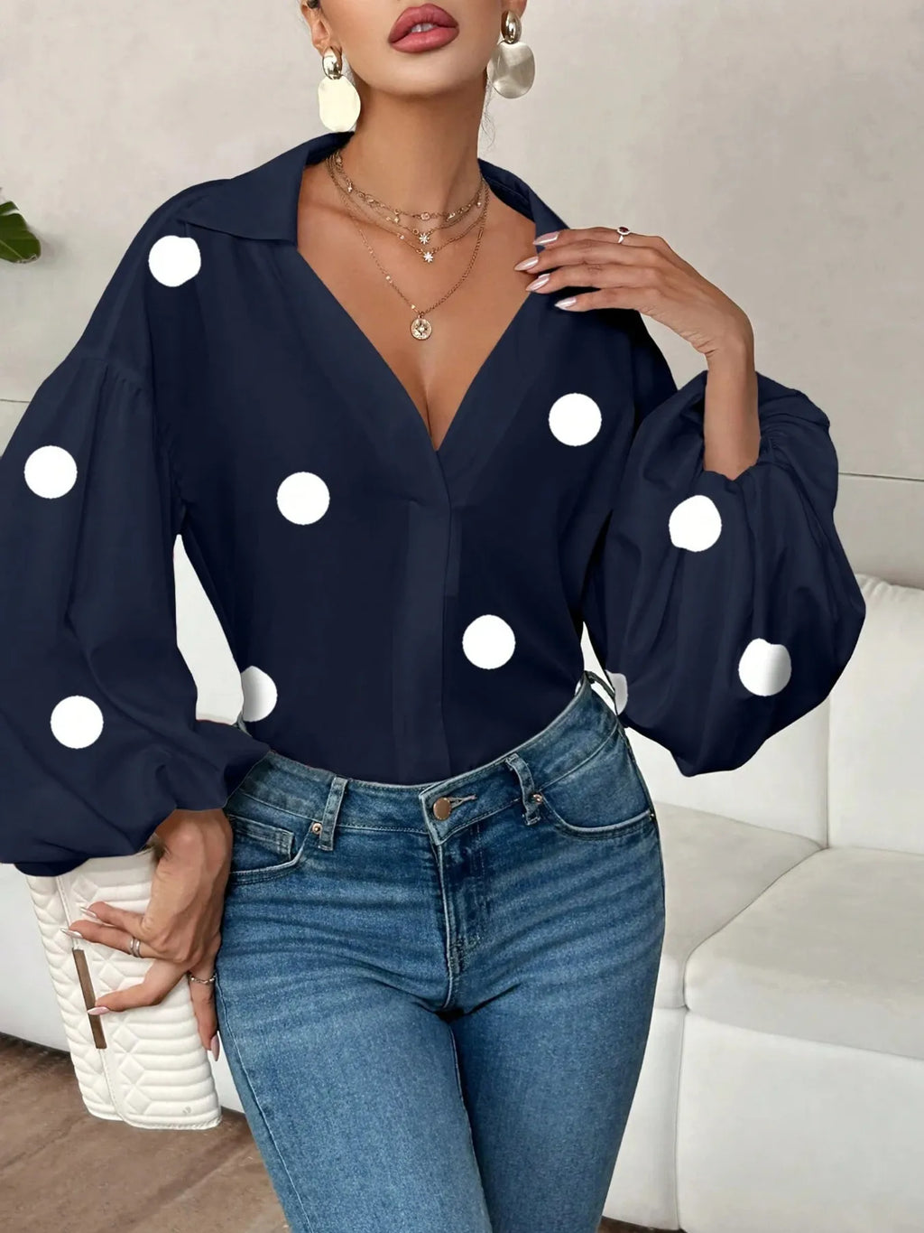 Sarah Express Women's Polka Dot Balloon Sleeve Blouse - Oversized Button-Up Top