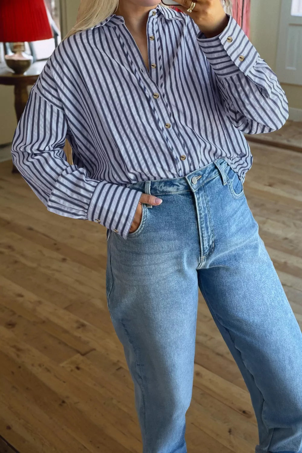 Sarah Express Women's Striped Button-Down Oversized Shirt - Relaxed Fit Long Sleeve Top