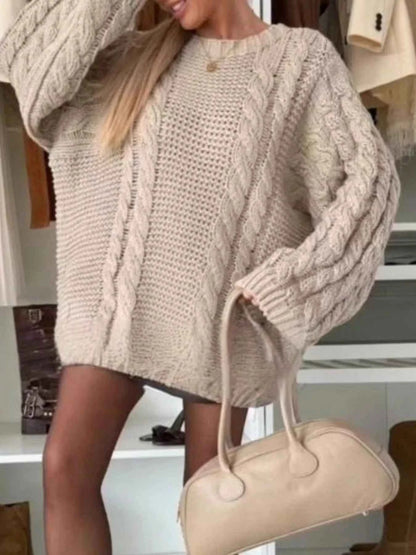 Sarah Express Women's Cable Knit Oversized Sweater Round Neck Long Sleeve Pullover