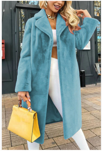 Sarah Express Lace-Up Plush Long Coat Turn-Down Collar Outerwear