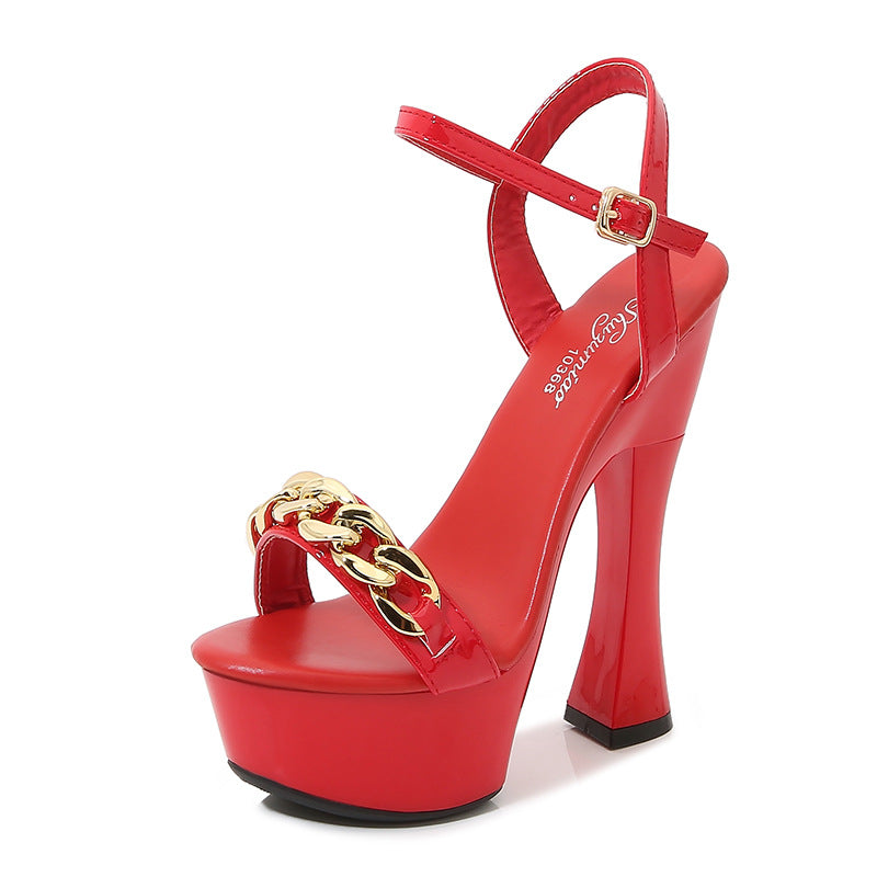 Sarah Express 14cm Chunky-Heel Waterproof Platform Ankle-Strap High Heels – Women's Sexy Summer Heels Red