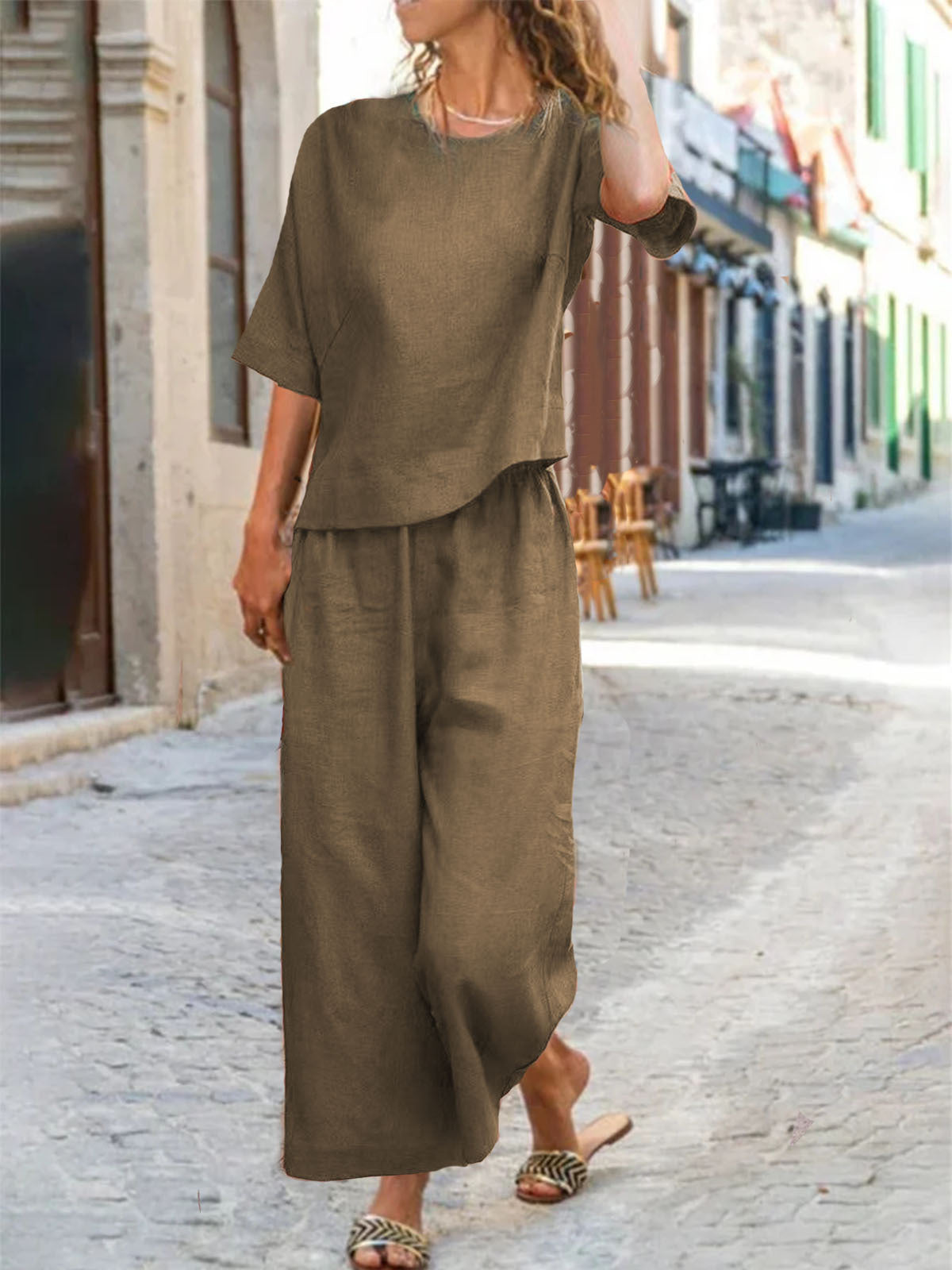 Sarah Express Cotton Linen Two-Piece Set Casual Loose Top Pants Outfit