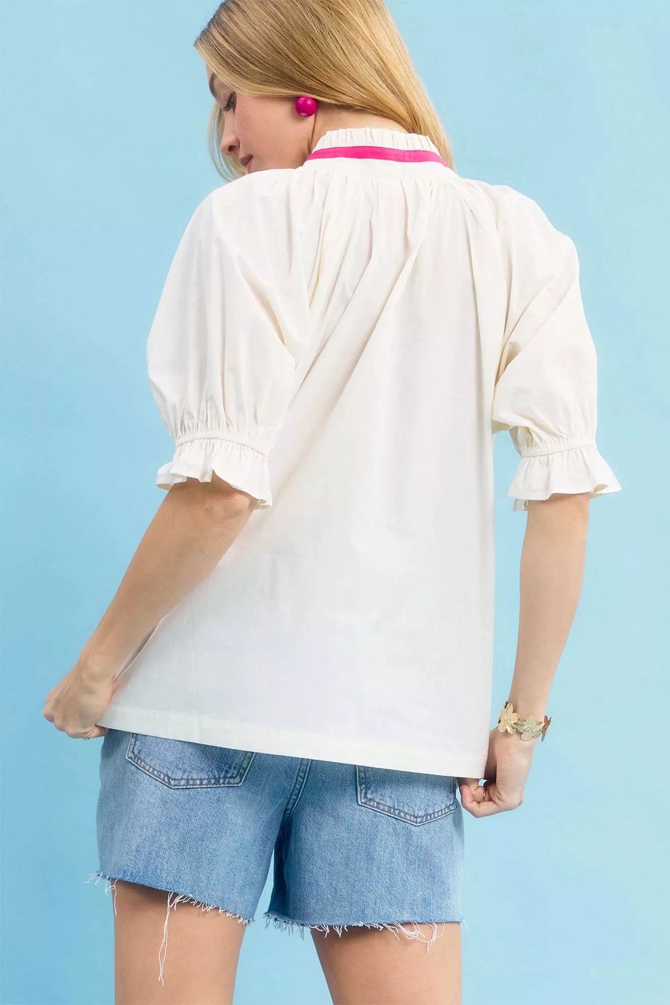 Sarah Express Women's Embroidered Floral Top with Contrast Trim - Bohemian Blouse