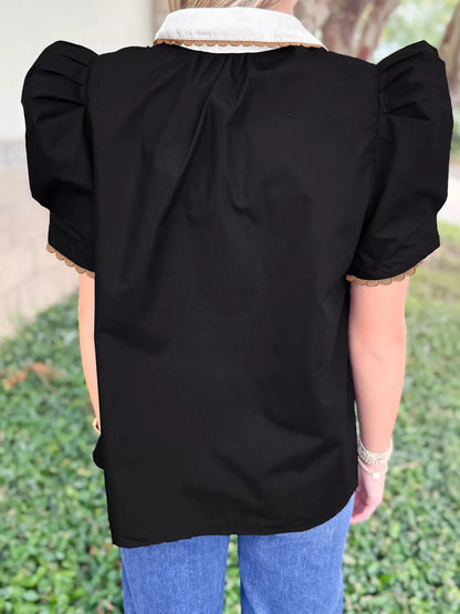 Sarah Express Women's Johnny Collar Puff Sleeve Blouse