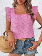 Sarah Express Women's Gingham Ruffle Sleeve Square Neck Blouse