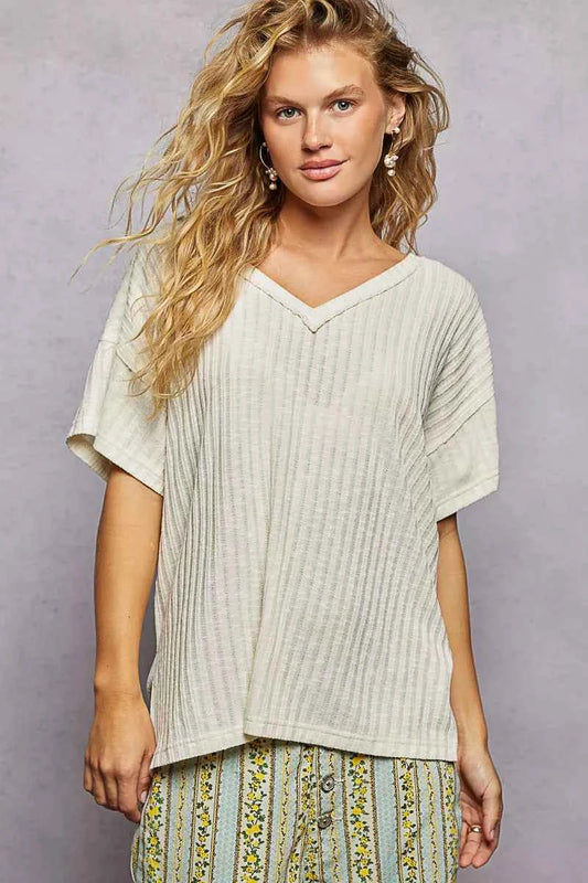 Sarah Express Women's Ribbed Knit V-Neck T-Shirt with Side Slit - Short Sleeve Casual Top NATURAL