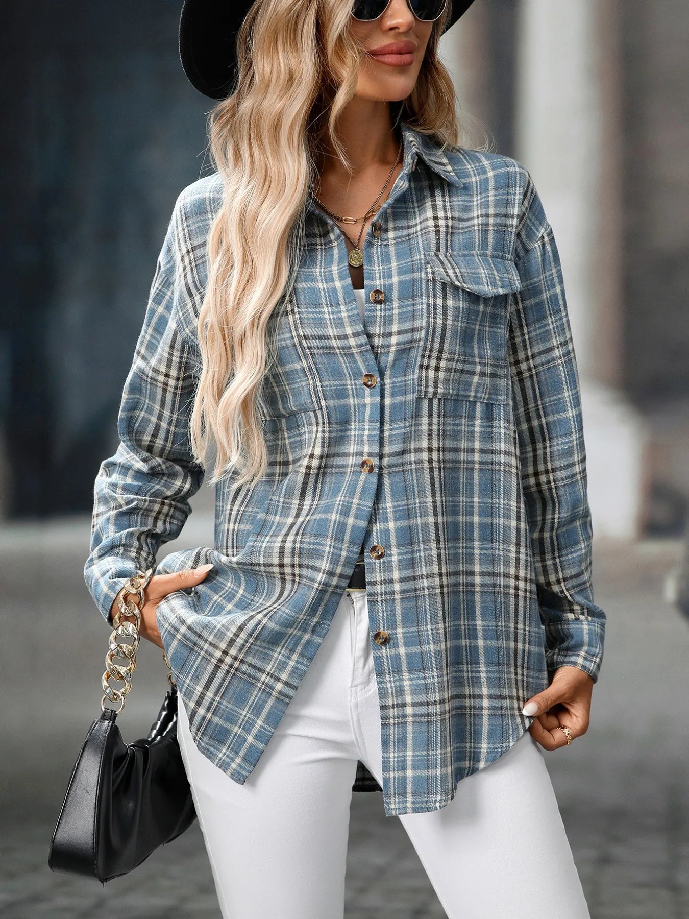 Sarah Express Women's Oversized Plaid Button-Up Shirt