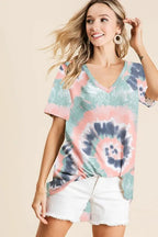Tie Dye Print Terry V Neck Short Sleeve Top