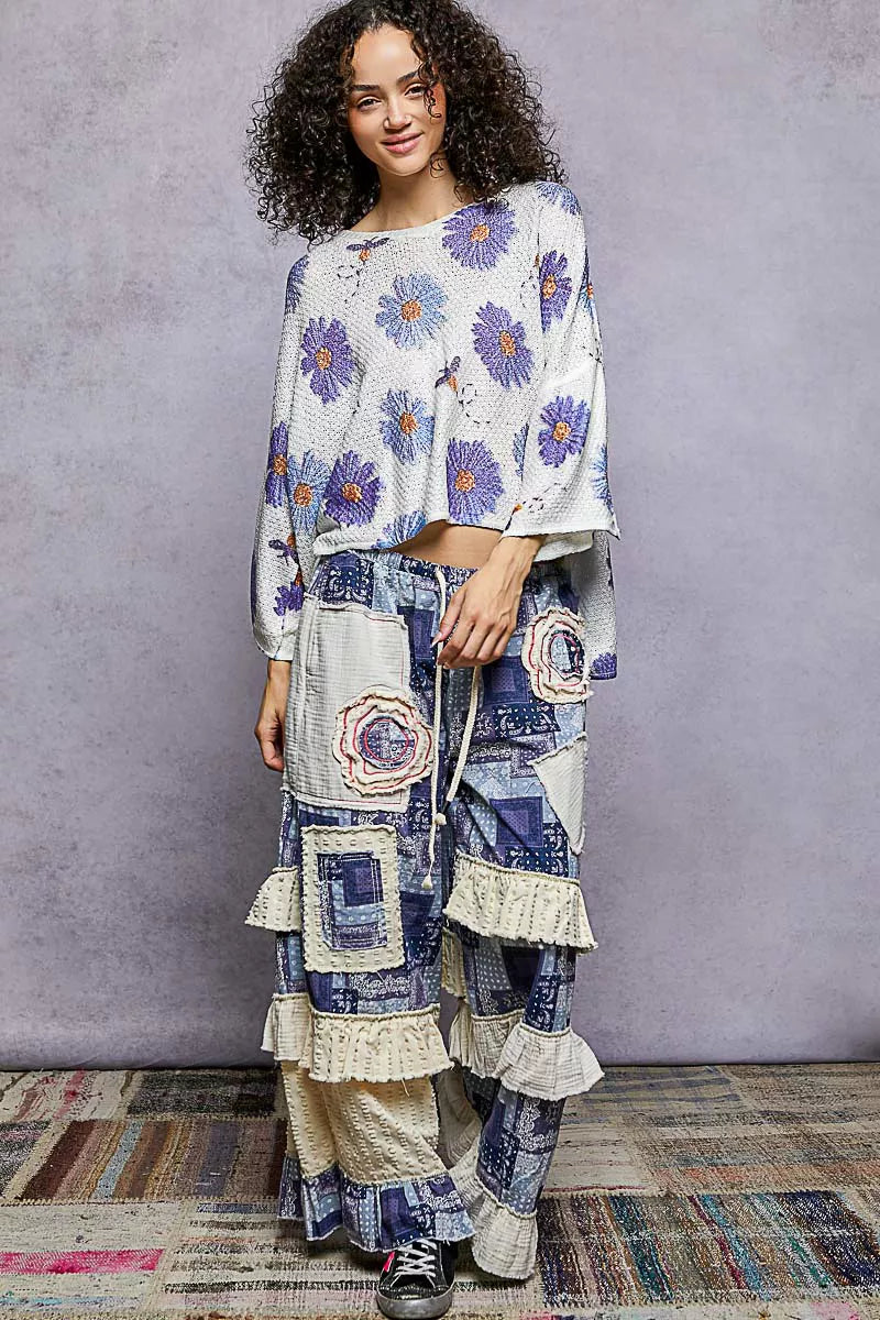 Sarah Express Women's Floral Round Neck Sweater with Rolling Edge Detail