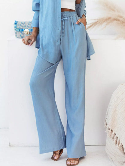 Sarah Express Women's Plus Size Button Up Shirt and Pants Two-Piece Set - Relaxed Fit Casual Outfit