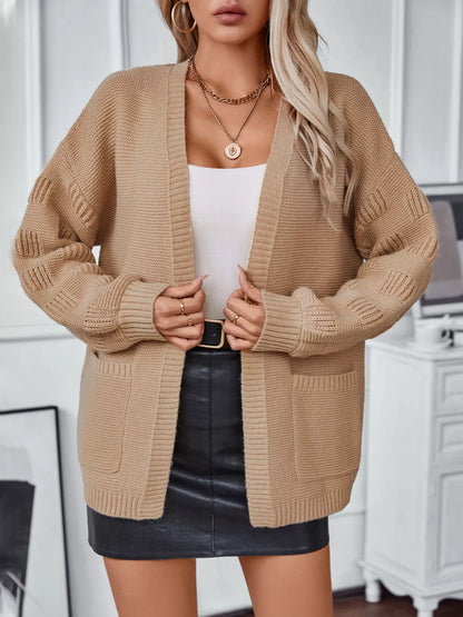 Sarah Express Women's Textured Knit Open Front Cardigan Camel