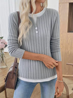 Sarah Express Women's Ribbed Knit Button Detail Contrast Sweater Light Gray