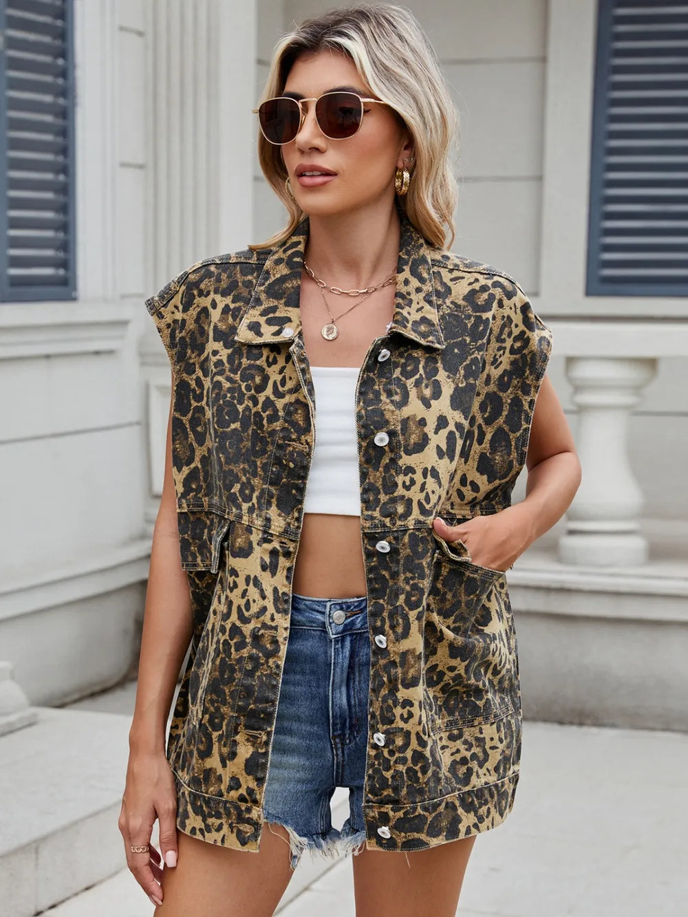 Sarah Express Women's Leopard Button Up Denim Vest