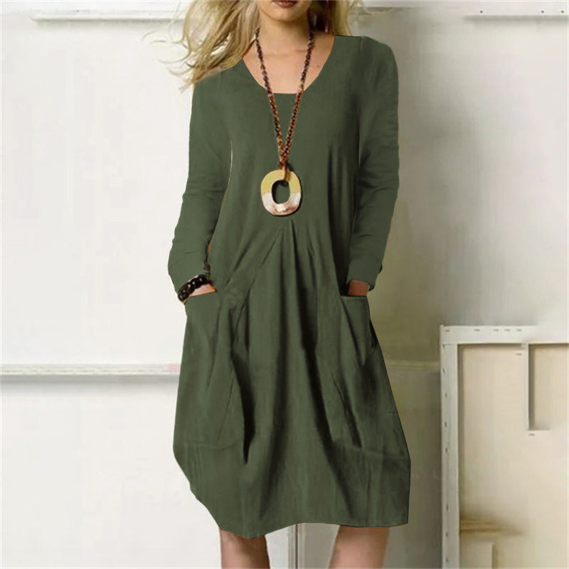 Sarah Express Women's Cotton Linen Pocket Dress Loose Fit Long Sleeve