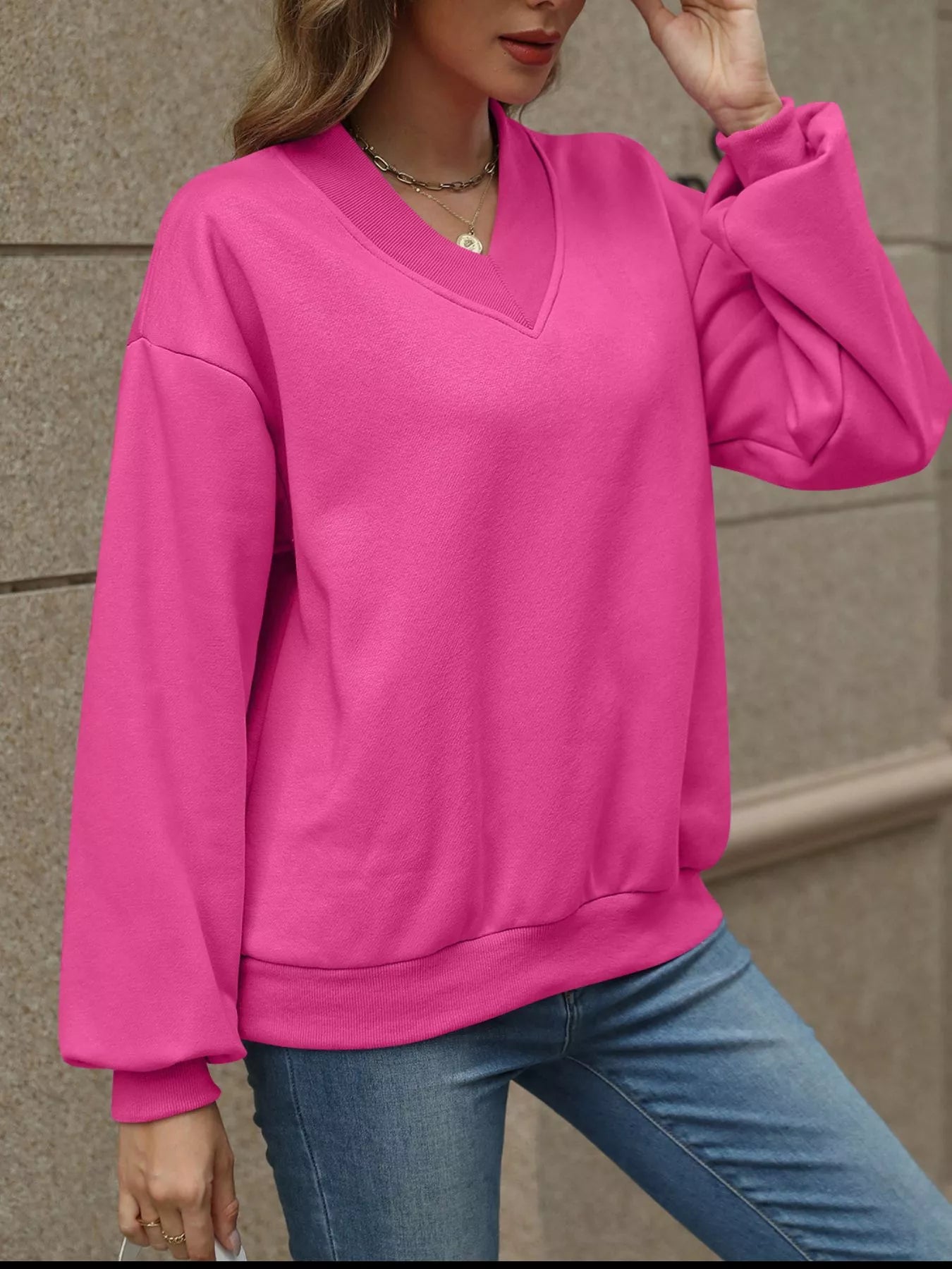 Sarah Express Women's V-Neck Solid Color Casual Sweatshirt