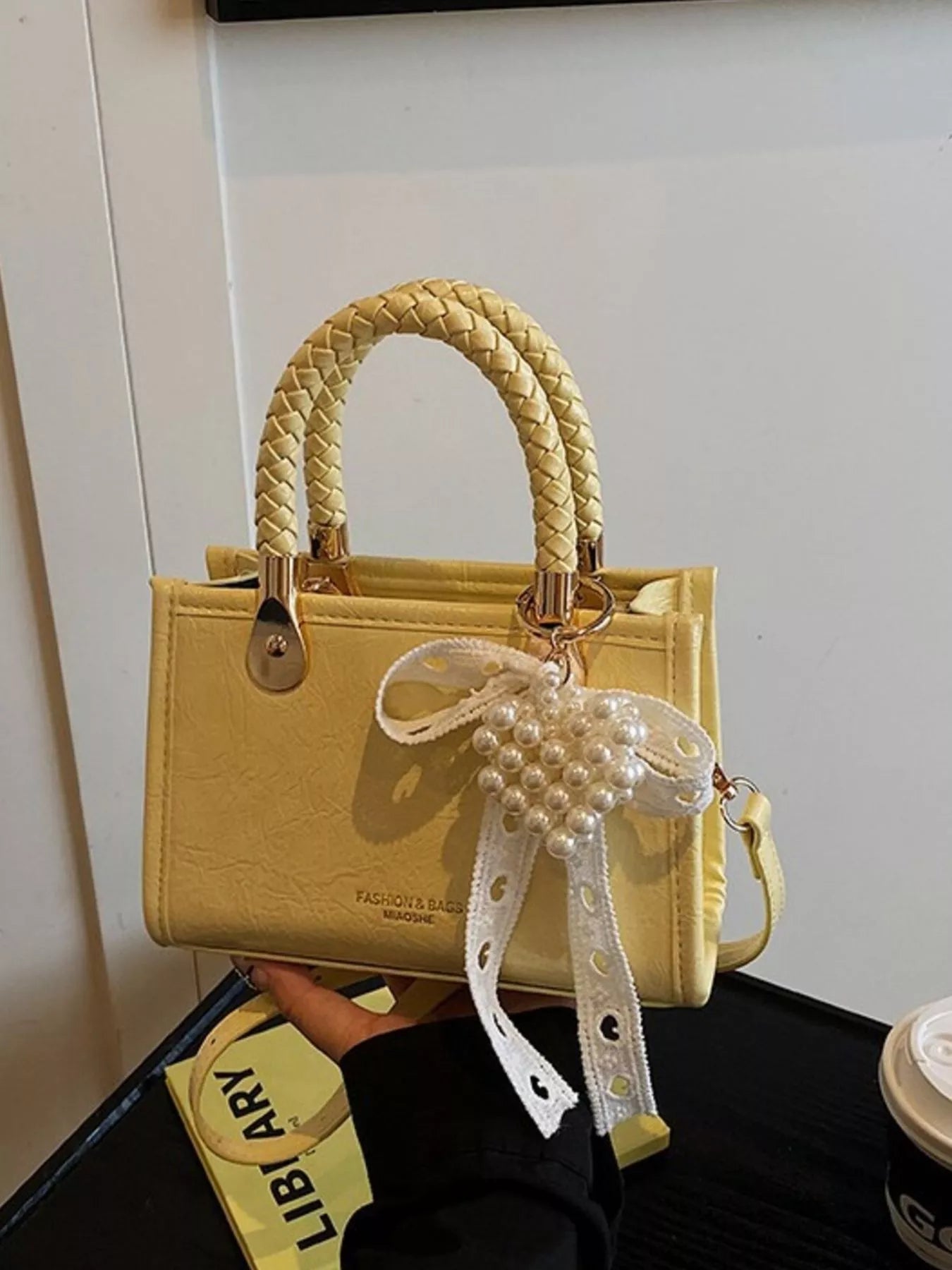 Sarah Express Women's Mini Crossbody Bag with Pearl Decor & Braided Handle