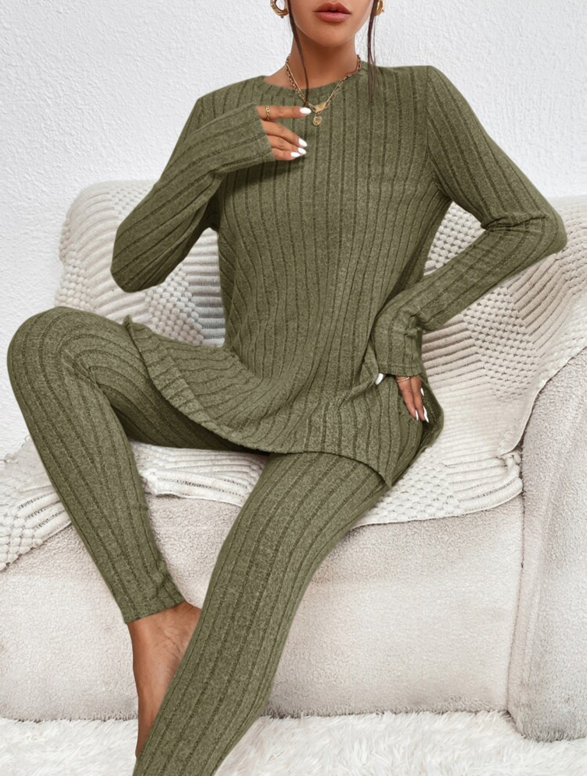 Sarah Express Women's Casual Cotton Two-Piece Matching Set Long Sleeve Top & Trousers