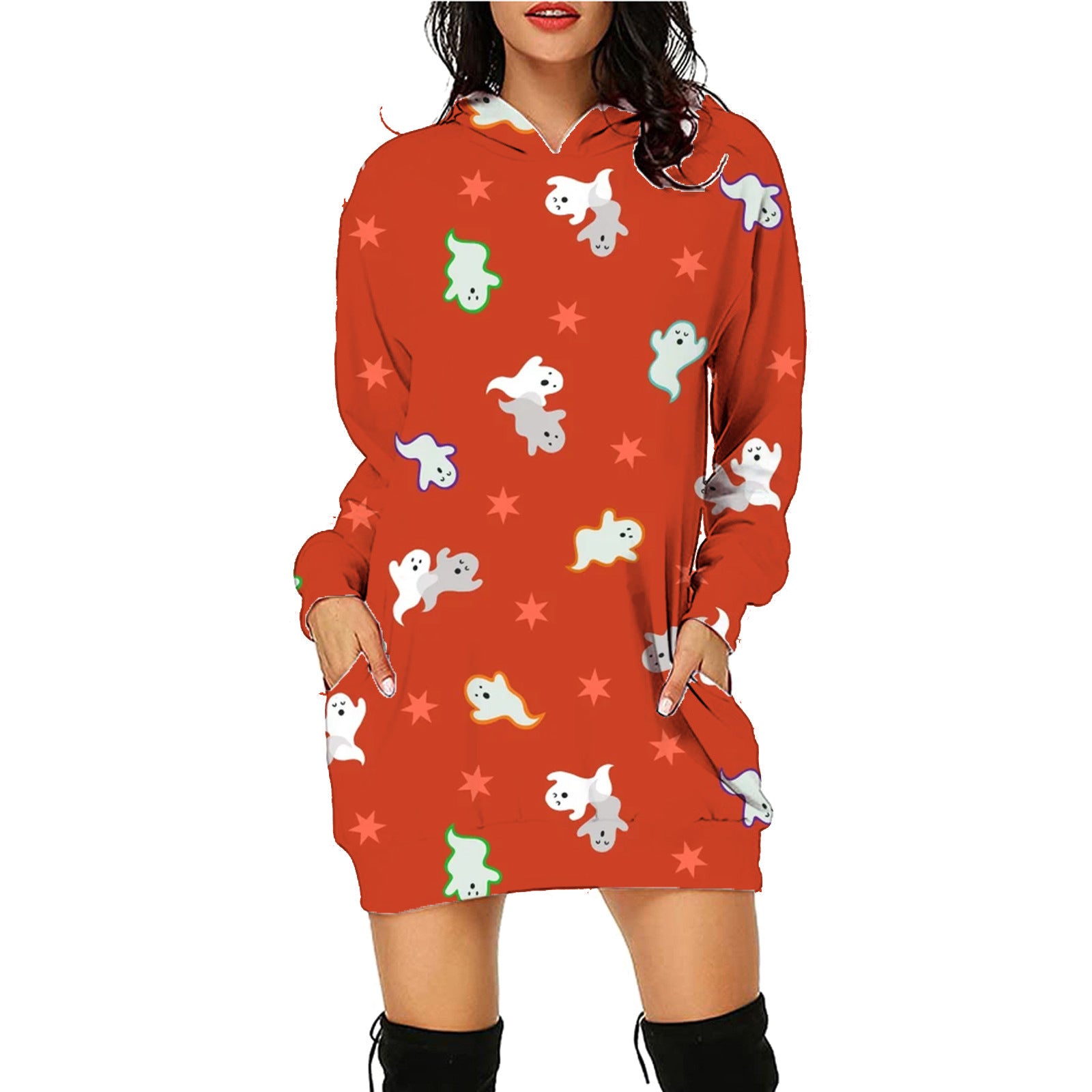 Sarah Express Halloween Print Long Hoodie With Pockets - Women's Oversized Sweater SC11