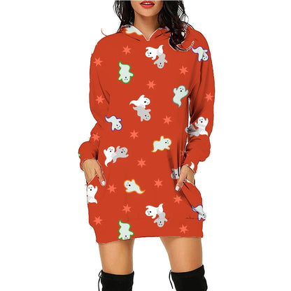 Sarah Express Halloween Print Long Hoodie With Pockets - Women's Oversized Sweater SC11