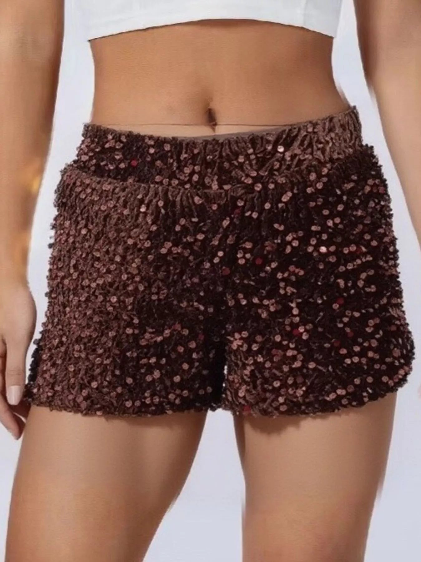 Sarah Express Women's Sequin Embellished High Waist Shorts - Party & Festival Wear Dark Brown