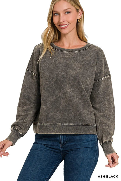 Sarah Express Women's French Terry Acid Wash Boat Neck Sweatshirt ASH BLACK