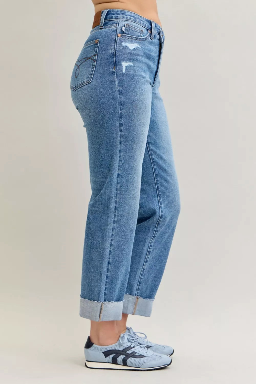 Sarah Express Women’s High Waist Criss-Cross Boyfriend Jeans with Mild Destroy