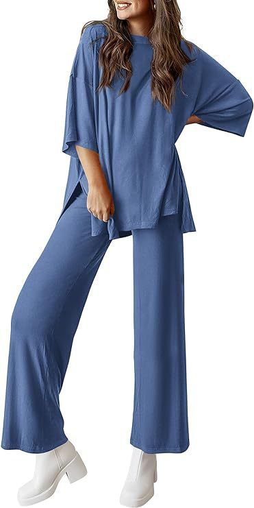Sarah Express Two Piece Pullover Top Wide Leg Pants Set Polyester