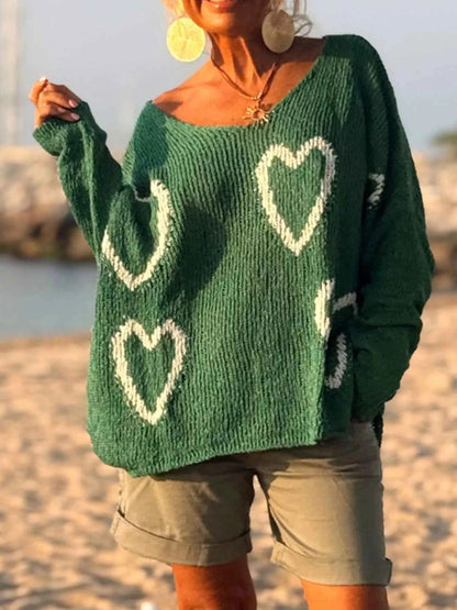 Sarah Express Women's Heart Pattern V-Neck Sweater Dropped Shoulder Openwork Knit