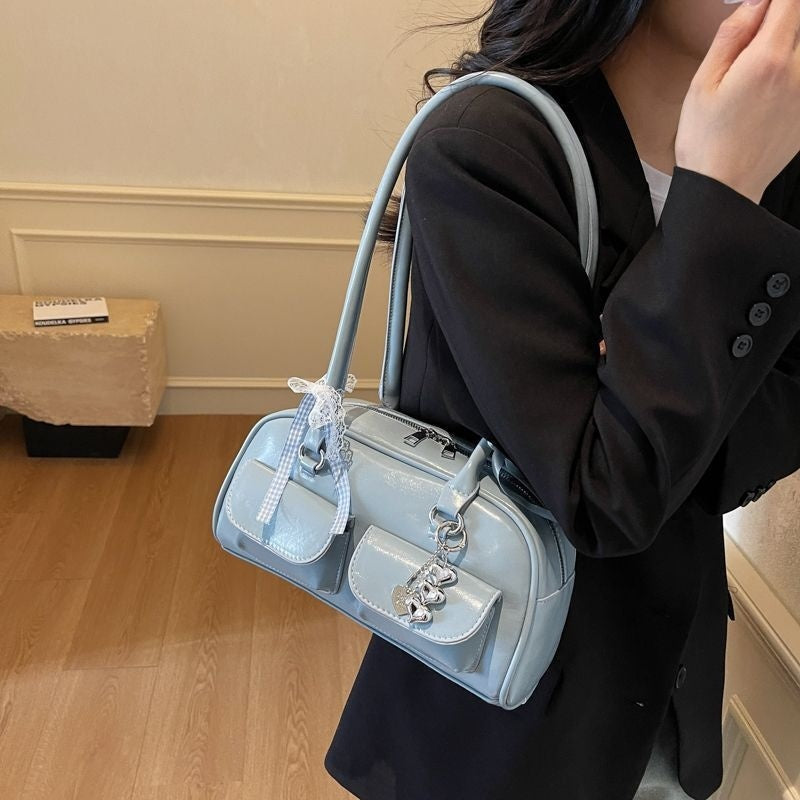 Sarah Express Bow-Tie Ribbon Bowling Bag | Stylish High-Capacity Shoulder & Tote Bag for Women Blue With pendant