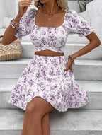 Sarah Express Women's Ditsy Floral Two-Piece Dress Set - Square Neck Bubble Sleeve Top & Skirt