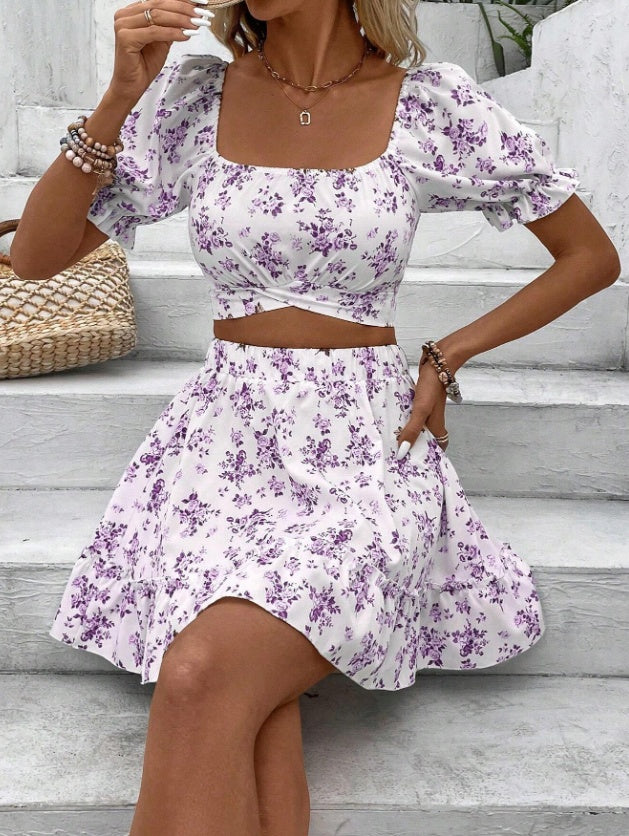 Sarah Express Women's Ditsy Floral Two-Piece Dress Set - Square Neck Bubble Sleeve Top & Skirt