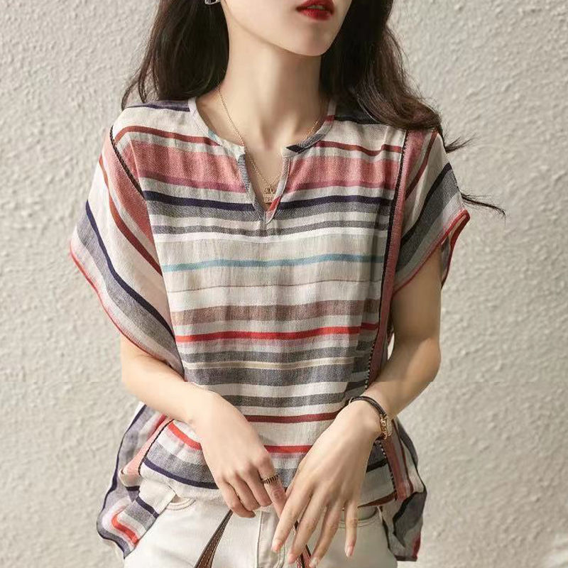 Sarah Express Women's Striped Long Sleeve Button-Up Shirt Loose Fit V-Neck Cardigan Top